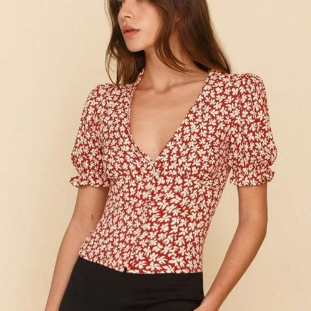 Reformation Red and White Floral V-Neck Puff Sleeve Top